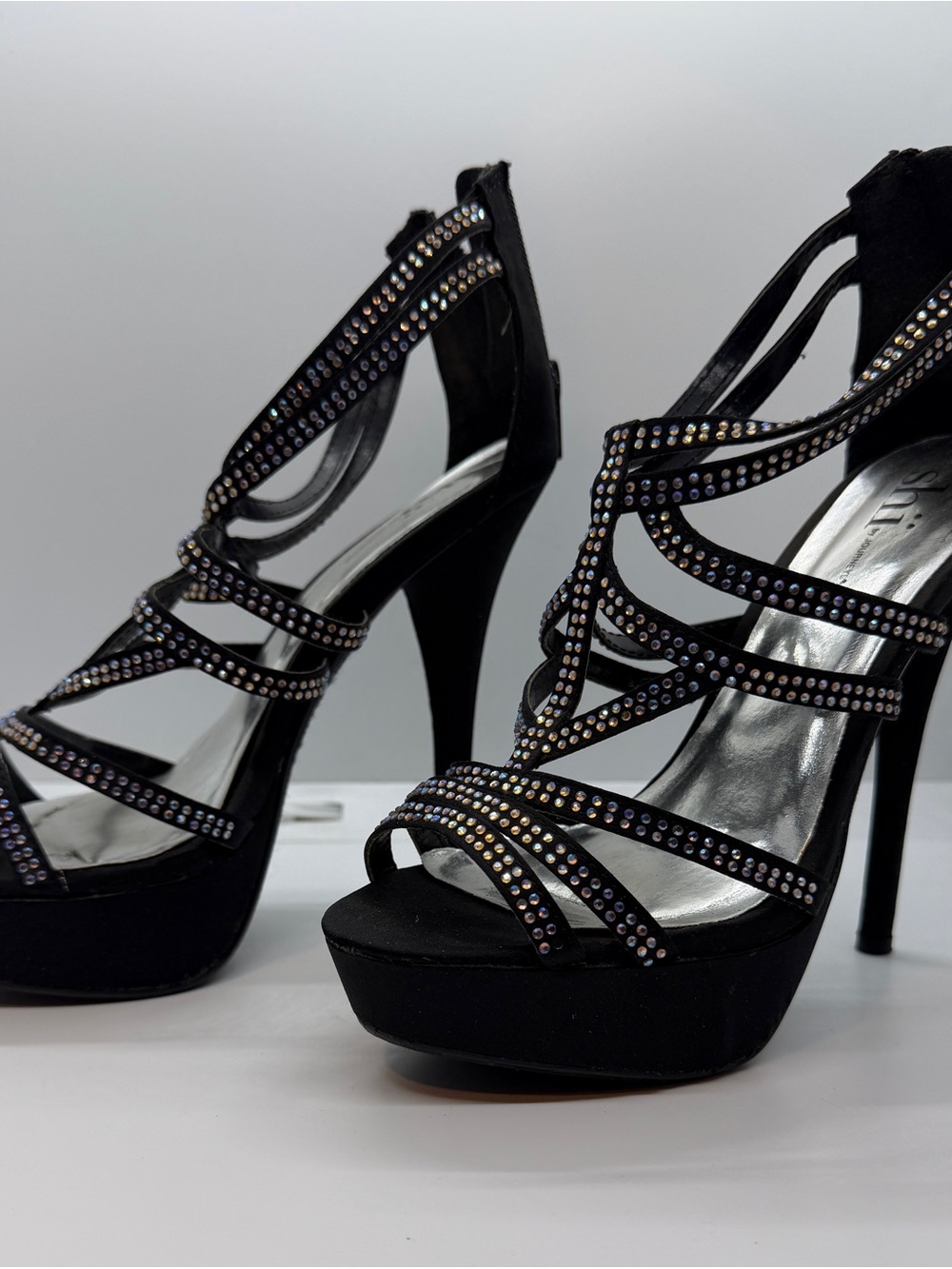 Shi by JOURNEYS Black Rhinestone Strappy High Heel Sandals - Picture 2 of 5